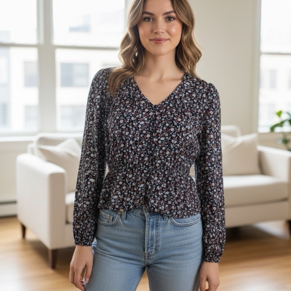 Madewell Floral V-Neck Silk Top